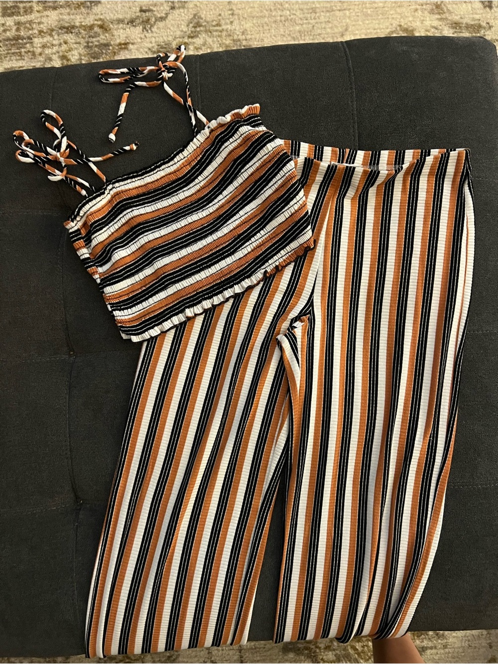 Striped Wide-Leg 2 Piece Matching Summer Set in Black, White & Tan